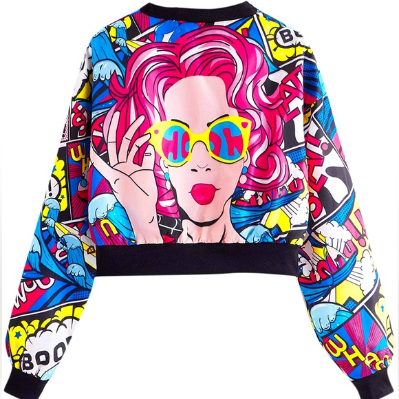 Jackets & Blazers - POP ART Women's Fashion Long Sleeve Comic Print Crop Bomber Zipper Jacket Small